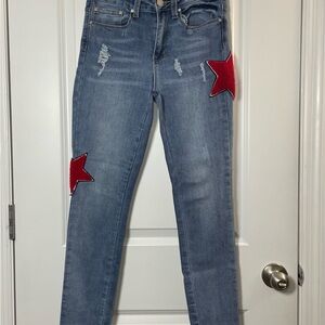 Indigo Rein Distressed Jeans Red Star Patch Mid Rise Skinny Size 5